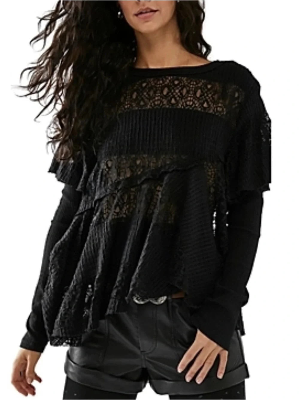 Free People Snowfall Boho Black Lace Asymmetric Whimsigoth Tunic Top Ruffle L